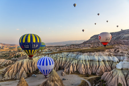GOREME, TURKEY 2023, August 09: The balloon flight, the great tourist attraction of Cappadocia. Cappadocia is known worldwide as the best place to fly with hot air balloonsのeditorial素材