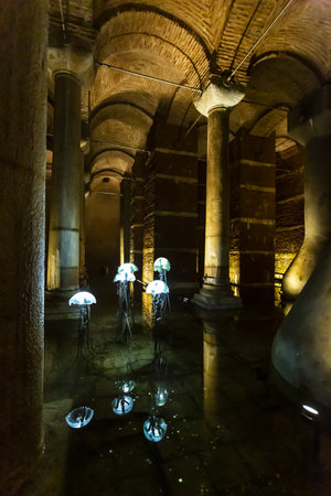 Istanbul, Turkiye 2023, August 03: Interior view of the famous underground Basilica Cistern in Istanbulのeditorial素材