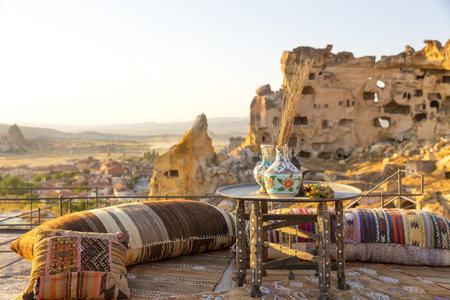 CAVUSIN, TURKEY 2023 August 07: From a terrace of a Cave Hotel in Cavusin, beautiful views of the surrounding landscapeの写真素材