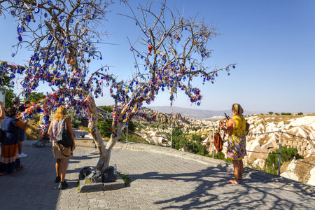 GOREME, TURKYE 2023, August 07: Beautiful view of Uchisar and Goreme National Park in Cappadocia,...