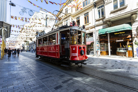 ISTANBUL, TURKEY 2023, August 04: Istiklal Caddesi is one of the most famous streets in Istanbul, in Turkeyの写真素材