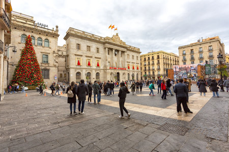 BARCELONA, SPAIN, January 03, 2024: People in San Jaume Square in Barcelona, Spainの写真素材