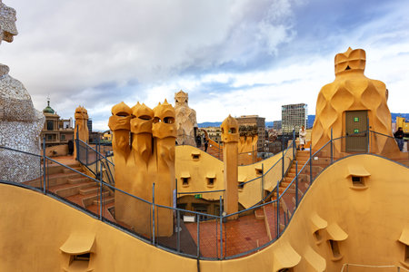 BARCELONA, SPAIN - 4 January, 2024: Modernist house Casa Mila also known as La Pedrera designed by Antoni Gaudiの写真素材