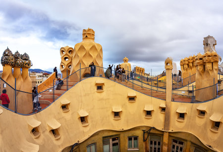 BARCELONA, SPAIN - 4 January, 2024: Modernist house Casa Mila also known as La Pedrera designed by Antoni Gaudiの写真素材