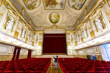 NAPLES, ITALY, March 01, 2025: The richly decorated interior of the Court Theater located within the Royal Palace of Naples, Italyの写真素材