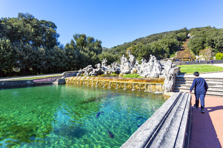 CASERTA, ITALY 2025, March 03: Views of the stunning fountains, sculptures, and water features within the expansive gardens of the Royal Palace of Casertaの写真素材