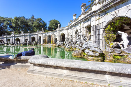 CASERTA, ITALY 2025, March 03: Views of the stunning fountains, sculptures, and water features within the expansive gardens of the Royal Palace of Casertaの写真素材