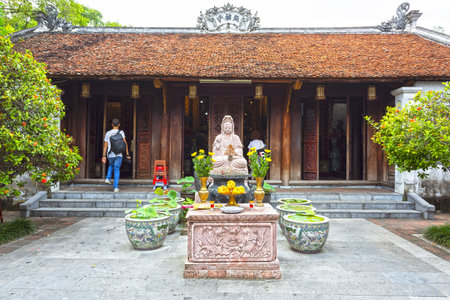 An ornate interior view of the Temple of Literature in Hanoi, Vietnamの写真素材