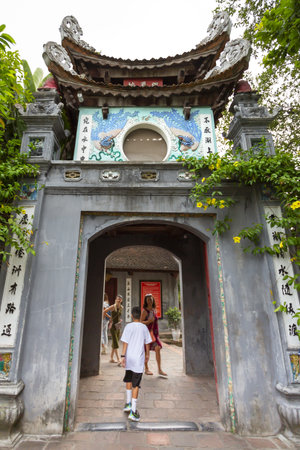 An ornate interior view of the Temple of Literature in Hanoi, Vietnamの写真素材