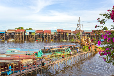 SIEM REAP, CAMBODIA, August 20, 2024: Scenes from a traditional stilt house village on Tonle Sap Lake near Siem Reap, Cambodiaの写真素材