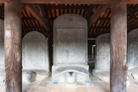 Stone turtle stele inscribed with the names of doctoral graduates at the Temple of Literature in Hanoi, Vietnamの写真素材