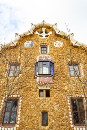 The famous Casa del Guarda, Guard House. Park Guell in Barcelona, Spain. Famous travel destinationの写真素材