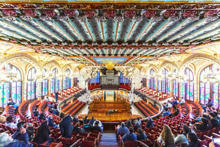 BARCELONA, SPAIN - 6 January, 2024: Palace of Catalan music or The Palau de la Musica Catalana is a concert hall, built by the architect Lluis Domenech i Montaner