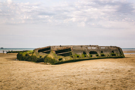 Phoenix Caisson World War II Relic on Arromanches Beach, Normandyの写真素材