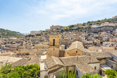 A beautiful view of the Baroque Town of Modica, Sicily, with Terraced Houses and Bell Towers