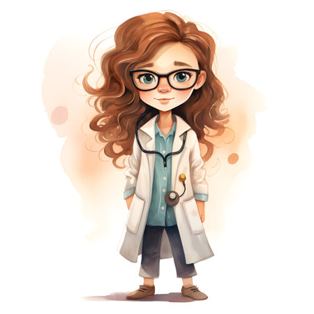 Cartoon little doctor with long curly hair and glasses. Vector illustration.の素材