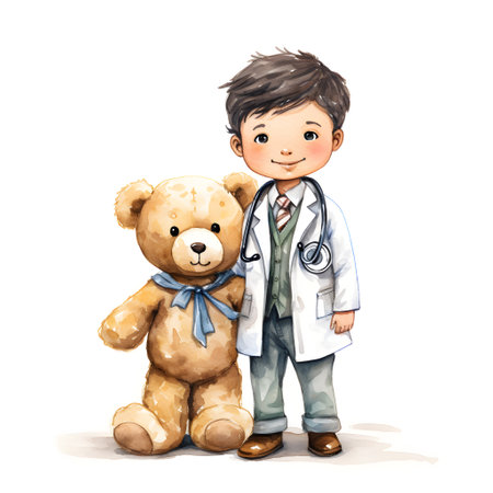 Cute cartoon doctor with stethoscope and teddy bear.の素材