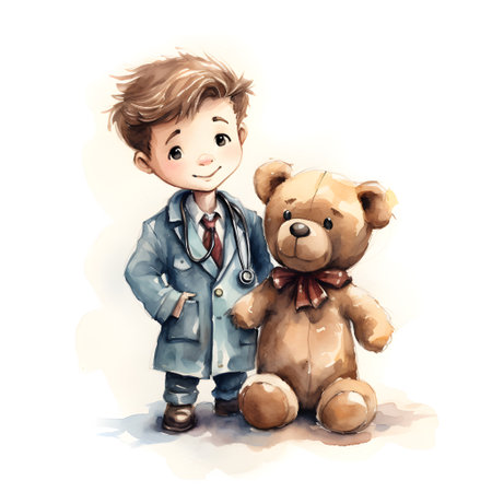 Cute cartoon boy doctor with teddy bear. Vector illustration.の素材