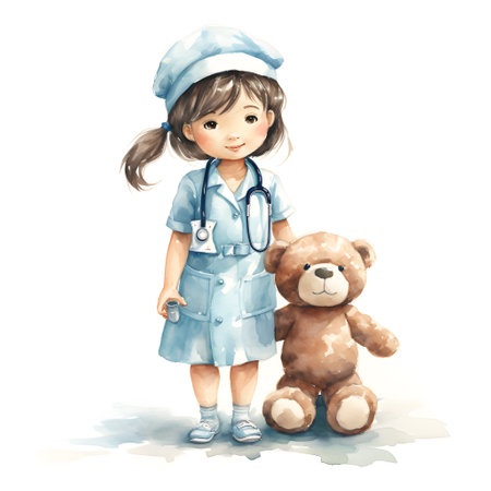 Illustration of a cute little girl playing doctor with teddy bearの素材