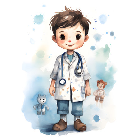 cartoon little boy with stethoscope and teddy bear illustrationの素材