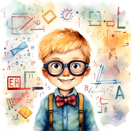 Cute schoolboy in glasses and bow tie. Hand drawn watercolor illustration.の素材