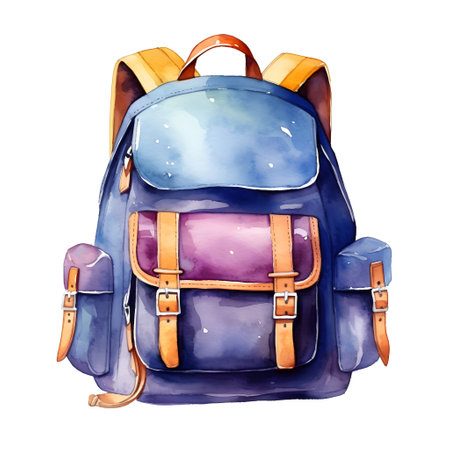 Watercolor illustration of a blue backpack isolated on a white background.の素材