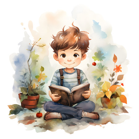 Cute boy reading a book in the autumn garden. Watercolor illustrationの素材