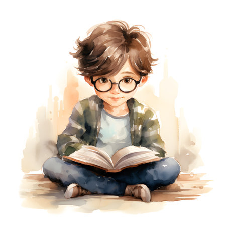 Cute little boy reading a book. Hand drawn watercolor illustrationの素材