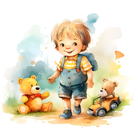 Cute little boy playing with teddy bear and car. Vector illustrationの素材