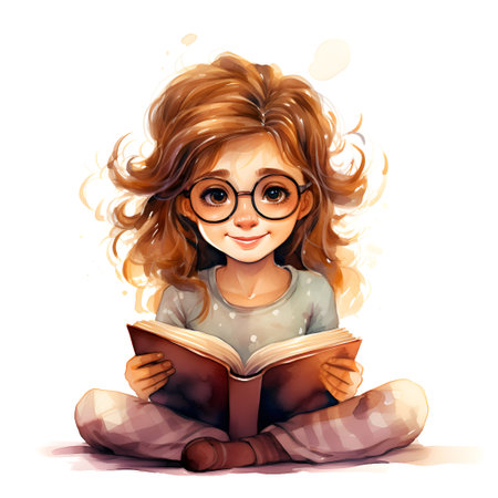 Cute little girl in glasses reading a book. Vector illustration.の素材