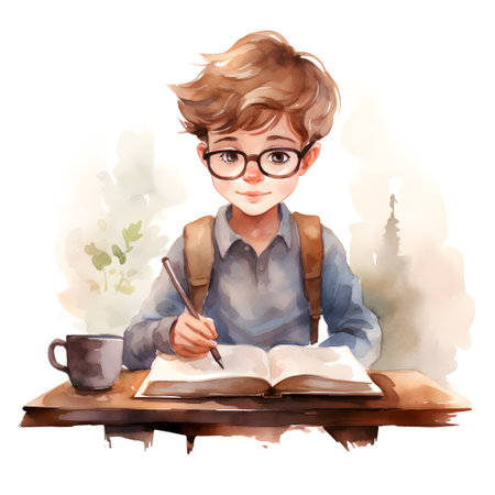 Portrait of a boy in glasses with a book and a cup of coffeeの素材