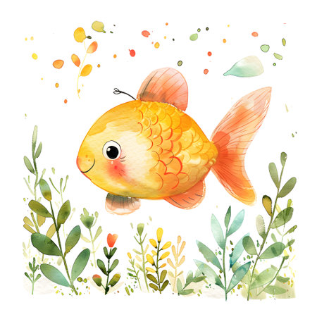 Beautiful vector card with cute watercolor goldfish and seaweedsの素材