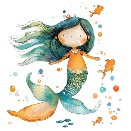 Watercolor cute mermaid with fish. Hand drawn watercolor illustrationの素材