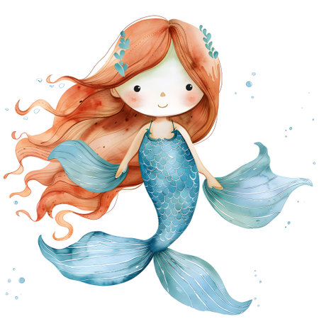 Cute cartoon mermaid with long red hair. Watercolor illustrationの素材