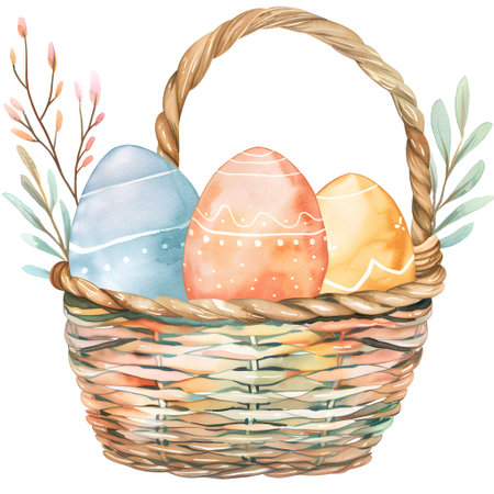 Watercolor easter basket with painted eggs. Hand drawn illustration.の素材