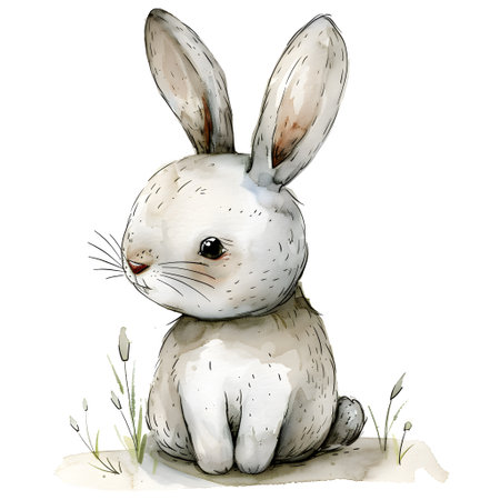 Watercolor illustration of a cute white rabbit sitting on the grass.の素材