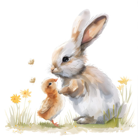 Rabbit and chick in the grass, watercolor illustration on white backgroundの素材