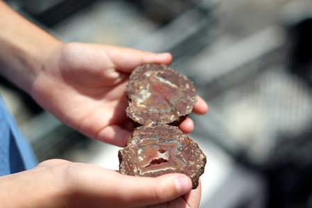 Agate after cutting in the hands of a girl during the holidays Lwowek Agate Summer  LwÃ³weckie Lato Agatowe  in July in Polandの写真素材