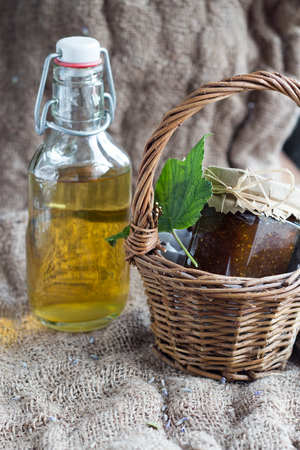 homemade lavender syrup and fig jamの写真素材