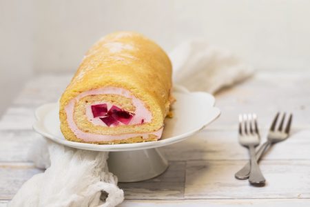 Jelly Roll Cake on white backgroundの写真素材