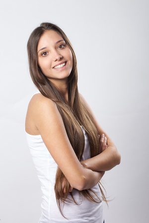Beautiful smile  in White Background long hairの写真素材