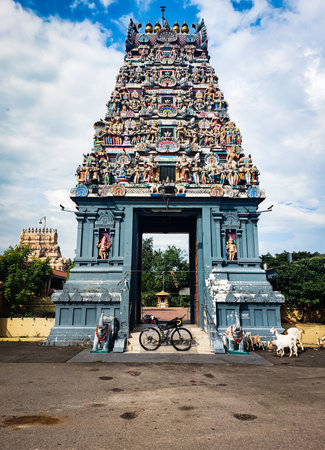Entrance gate to a Hindu temple with bicycle and goats in front, Malaysiaの写真素材