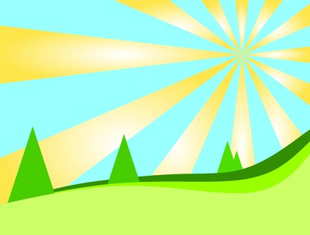 Sunny landscape with trees on the hillのイラスト素材