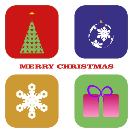 Christmas tree, Christmas ball, Christmas present and snowflakes on christmas cardのイラスト素材