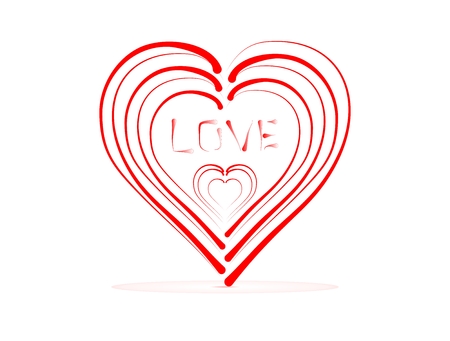 Small red hearts in a large heart with the word love with red shadow on white backgroundのイラスト素材