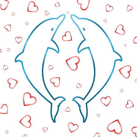 Two blue contours leaping dolphins on a white background with red heartsのイラスト素材