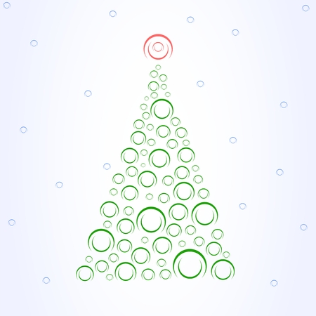 Green Christmas tree with red balls on top of a blue background with snowflakesのイラスト素材