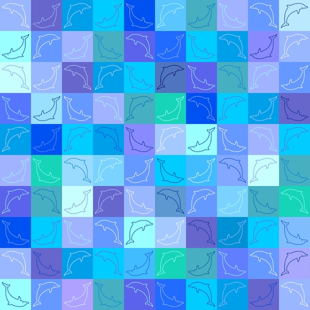 Mosaic of colored squares blue color with the jumping dolphinのイラスト素材