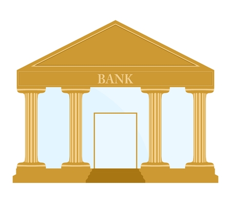 Gold Bank building with columns, stairs, roof inscription bank door and glass wallのイラスト素材
