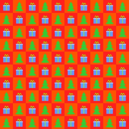 Christmas background of red and orange squares with blue Gift with green ribbon and green Christmas...